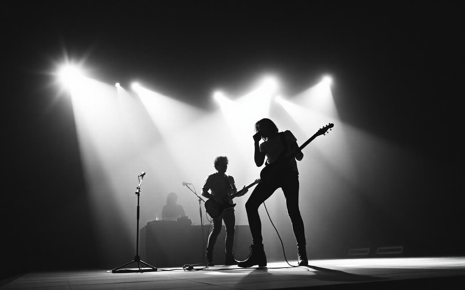 Band silhouette on stage under spotlights